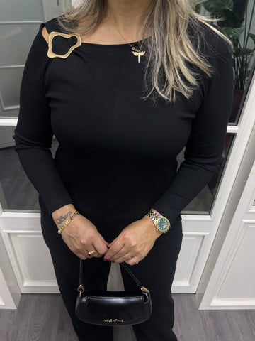 A02148 siyah modal kumaş omuzu metalli bluz