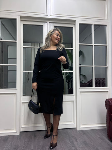 A02166 kare yaka likralı yırtmaçlı elbise