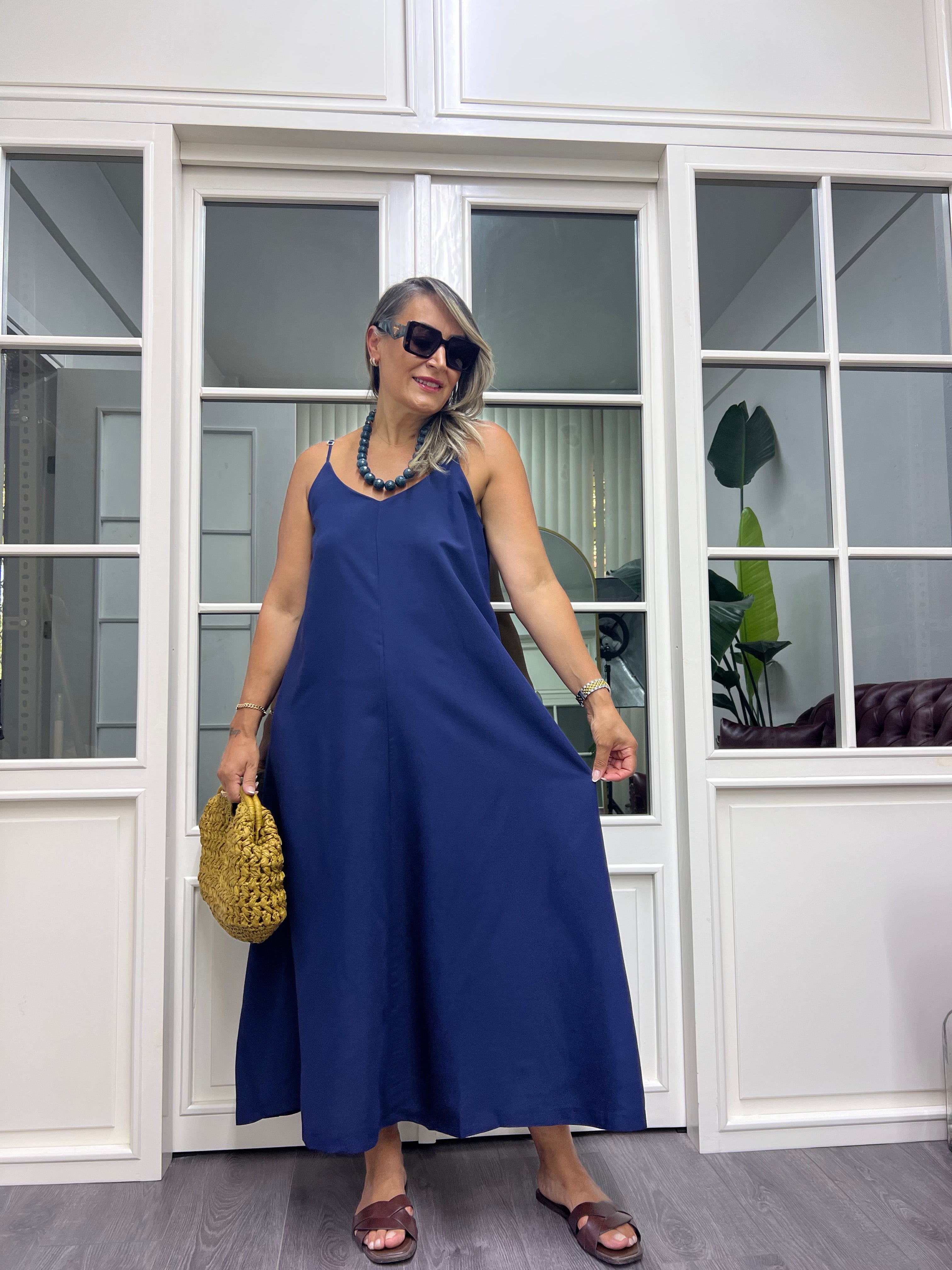 A01996 askılı tensel kumaş lacivert elbise