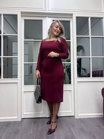 A02167 bordo kare yaka yırtmaçlı Likralı elbise