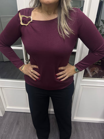 A02149 bordo omuzu metalli likralı bluz