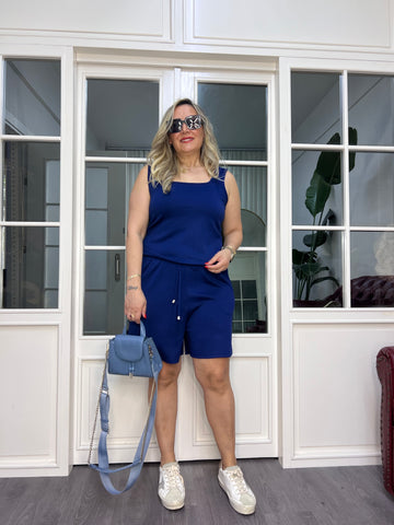 A02491 indigo blue stretchy shorts set