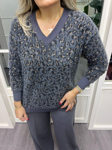 A02142 gri leopar standart beden kazak