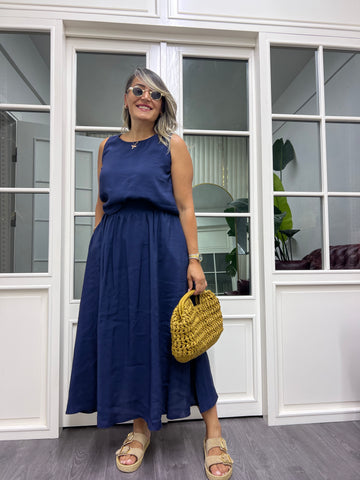 A02017 lacivert tensel kumaş etek takım