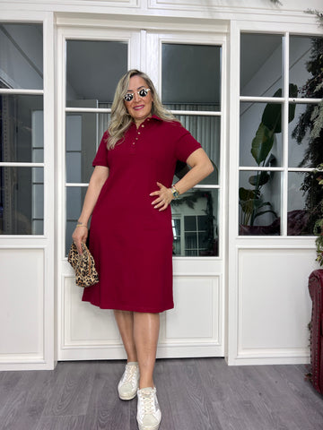 A02474 burgundy collared stretchy dress