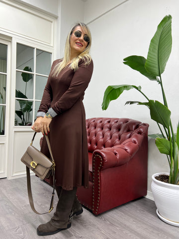 A01718 kahve likralı v yaka kolları simli  Çan elbise