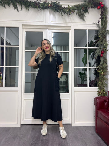 A02371 likralı cepli midi boy elbise