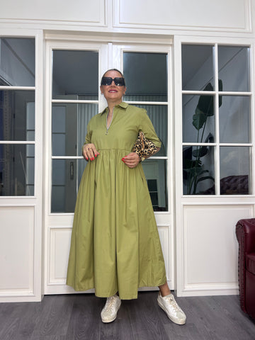 A02568 yakalı fermuarlı poplin bol kesim elbise