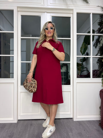 A02474 burgundy collared stretchy dress