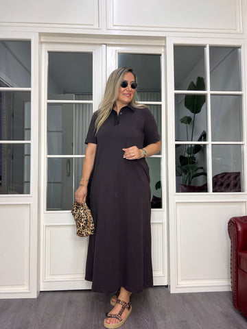 A02639 kahve likralı yakalı düz kesim elbise