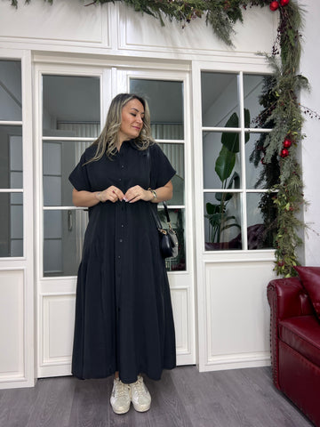 A02349 black Tencel fabric crepe buttoned dress