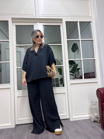 A01958 siyah owersize keten takım