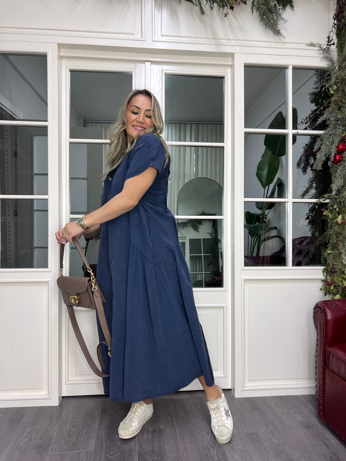 A02350 indigo mavisi tensel crep elbise