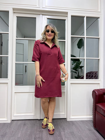 A01843 bordo yakalı kısa dokuma elbise