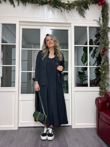 A02340 siyah tensel kumaş gömlek elbise takım