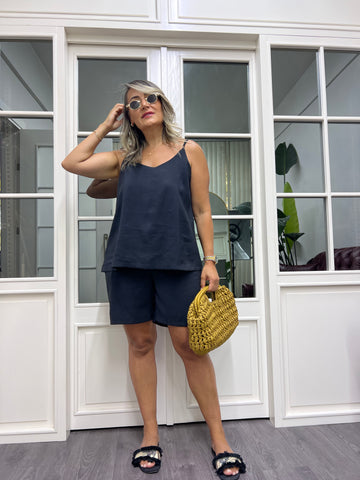 A01991 siyah askılı şort takım tensel kumaş