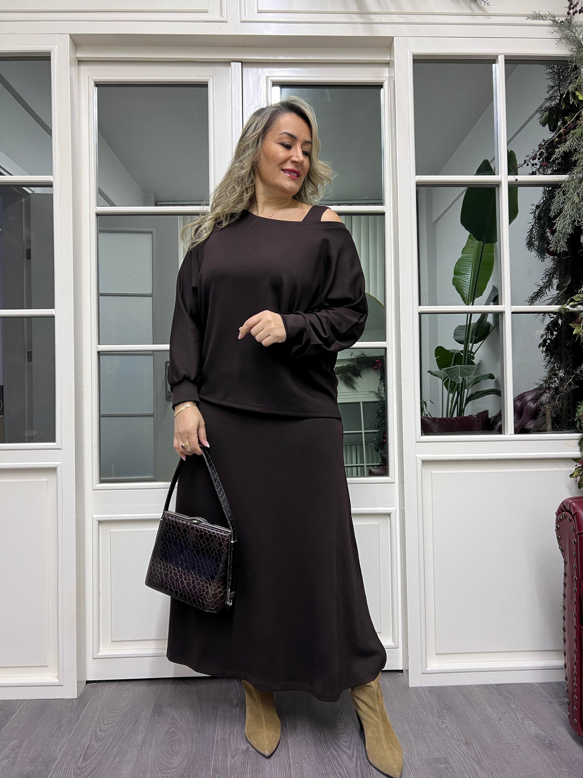 A02236 kahve bluz takımlı elbise