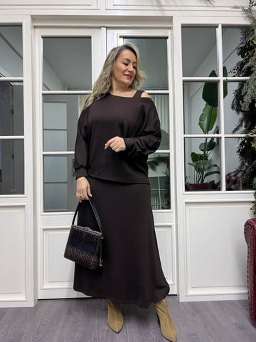 A02236 kahve bluz takımlı elbise