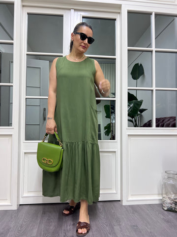 A01933 haki maxi boy viskon elbise