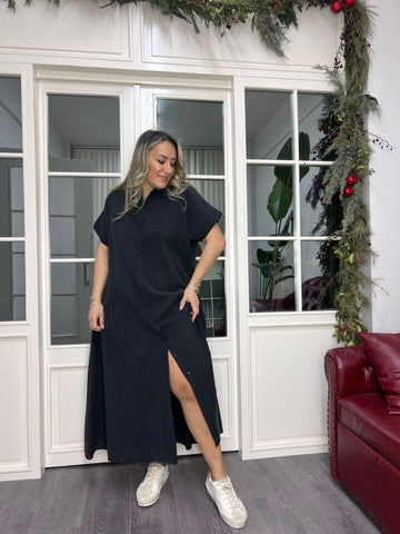 A02349 black Tencel fabric crepe buttoned dress