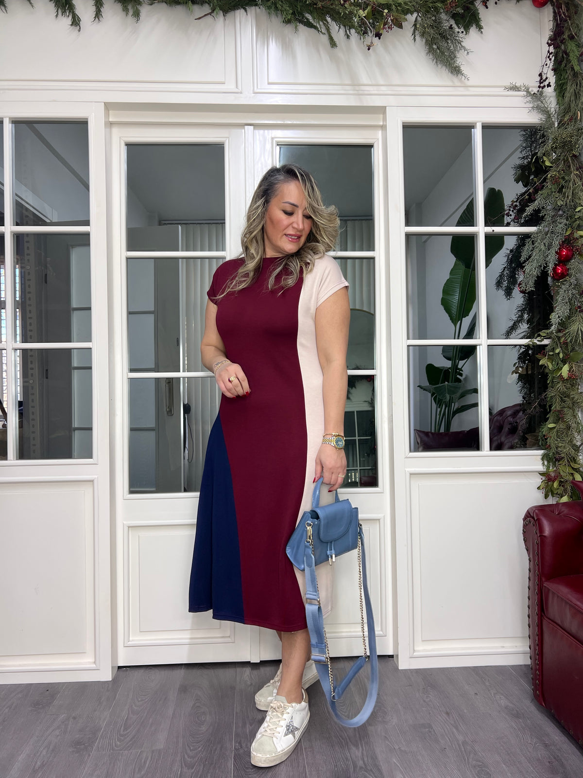 A02345 bordo bej garni likralı elbise