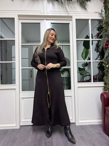 A02245 kahve fermuarlı likralı modal kumaş elbise