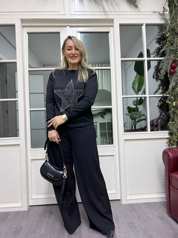 A02246 yıldız desenli siyah triko