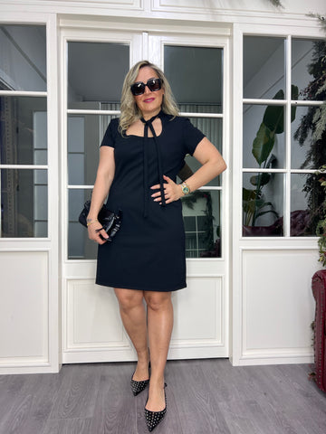 A02469 black stretch dress with tie neck