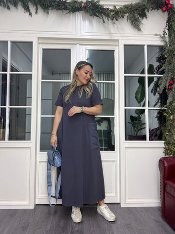 A02379 gri cepli likralı midi elbise