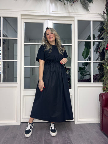A02356 siyah etekleri poplin büzgülü elbise
