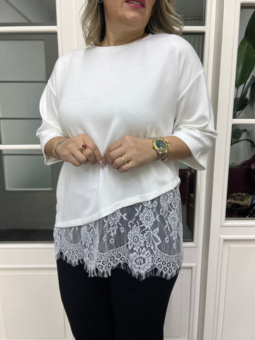 A02360 beyaz modal kumaş dantelli tişört