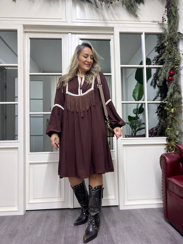 A02306 püsküllü viskon kahve elbise