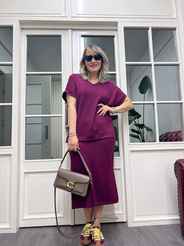 A01814 burgundy modal fabric skirt and blouse set