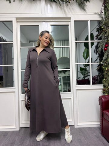 A02262 kahve yakalı likralı elbise