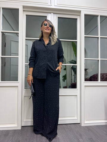 A02054 crep kumaş dökümlü taşlı pantolon