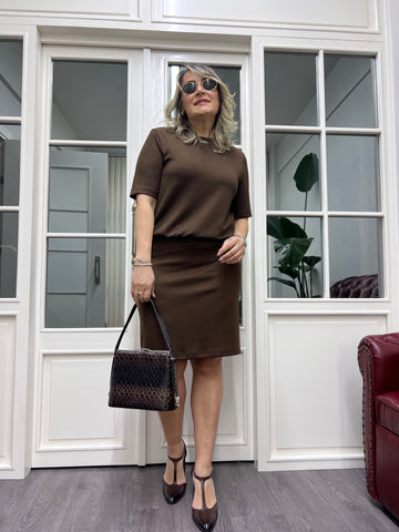 A01822 beli bluzan kahve modal kumaş elbise