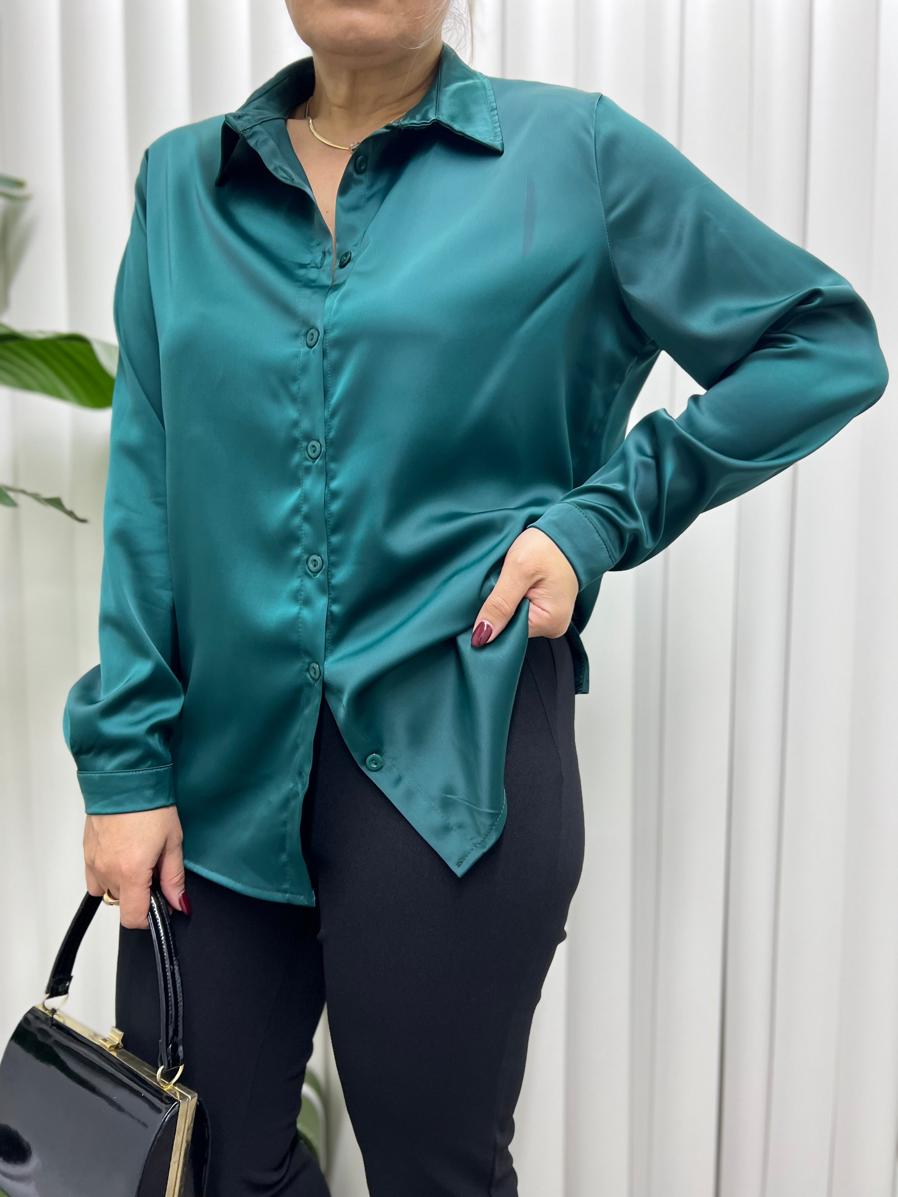 A01662 yeşil Crep saten gömlek