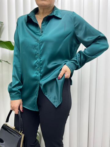 A01662 yeşil Crep saten gömlek