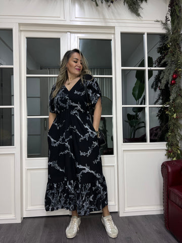 A02366 ön arka v beli lastikli viskon elbise