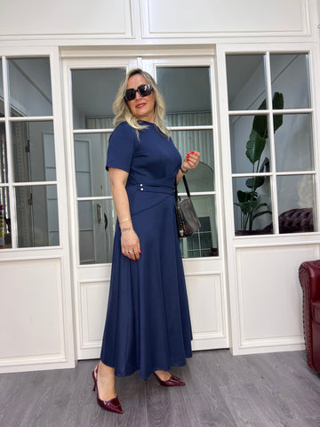 A02498 lacivert modal kumaş maxi likralı Çan elbise