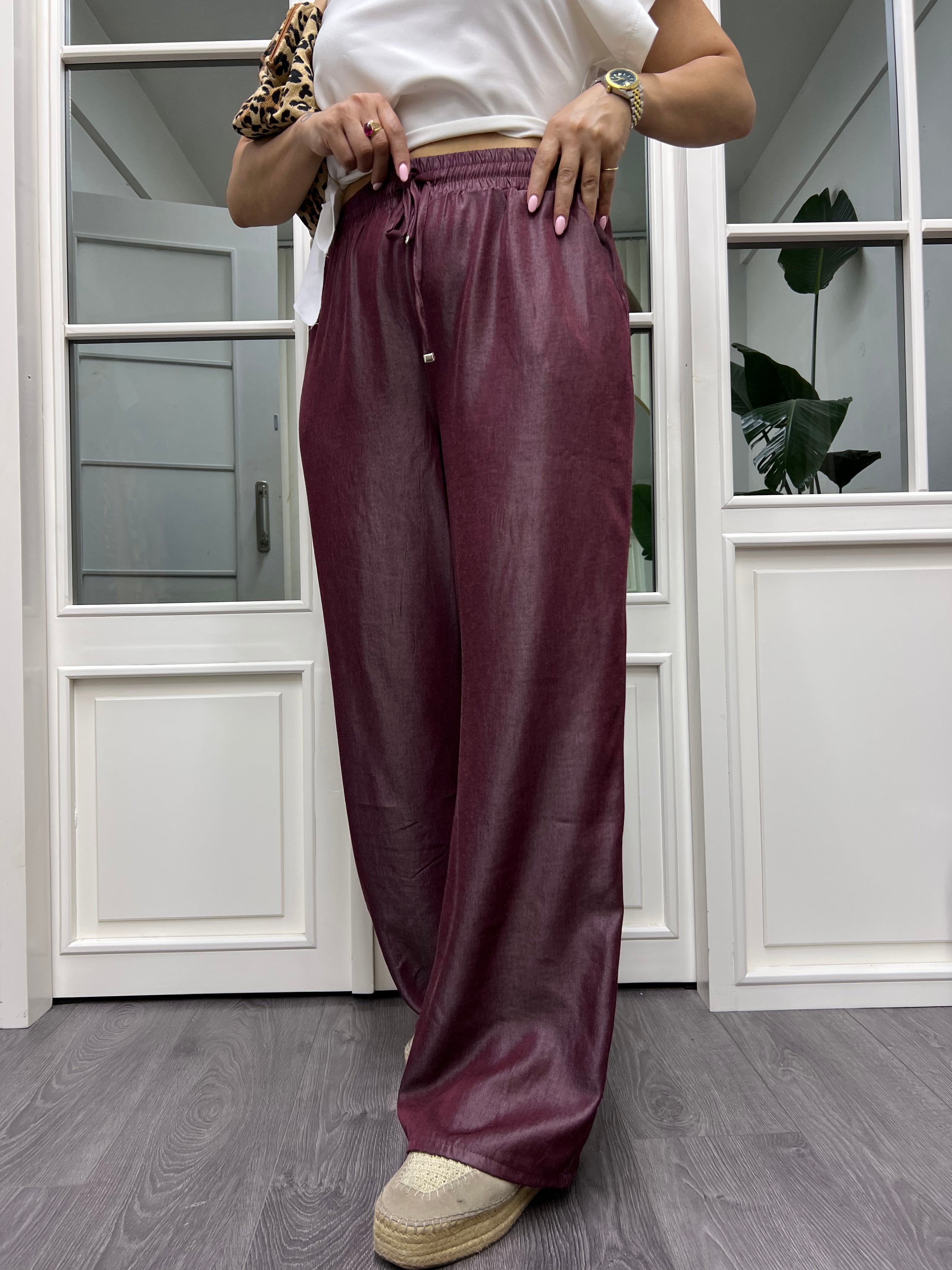 A01938 beli lastikli bol bordo pantolon