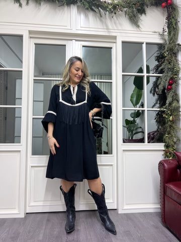 A02307 siyah saçaklı bol elbise