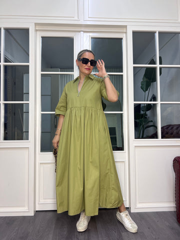 A02568 yakalı fermuarlı poplin bol kesim elbise
