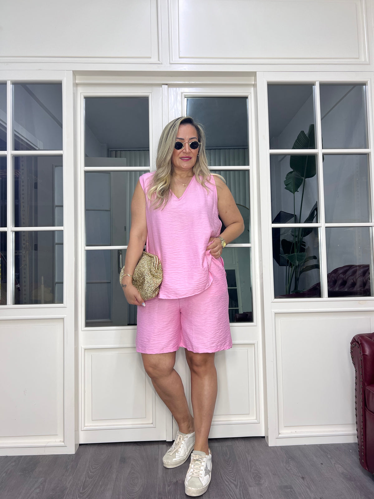 A02590 pembe ayrobin kumaş beli lastikli şort takım