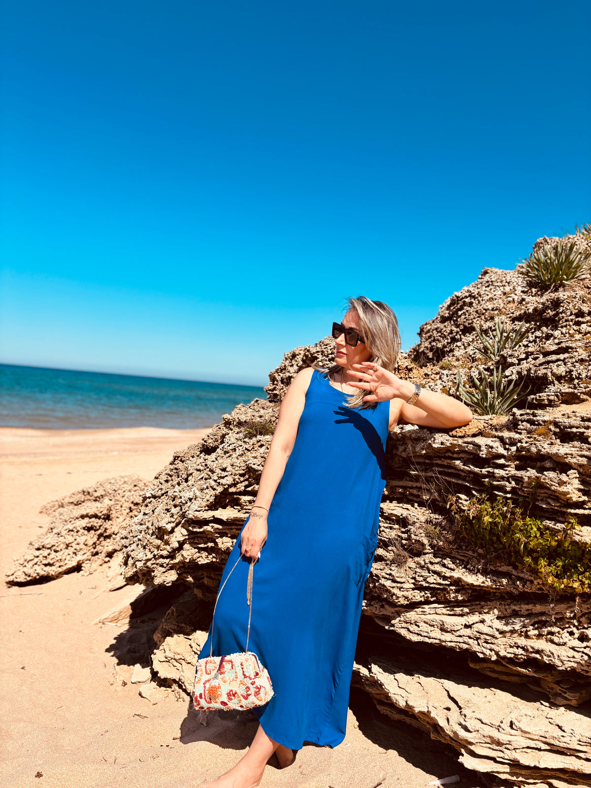 A01864 sax blue long dress with pockets