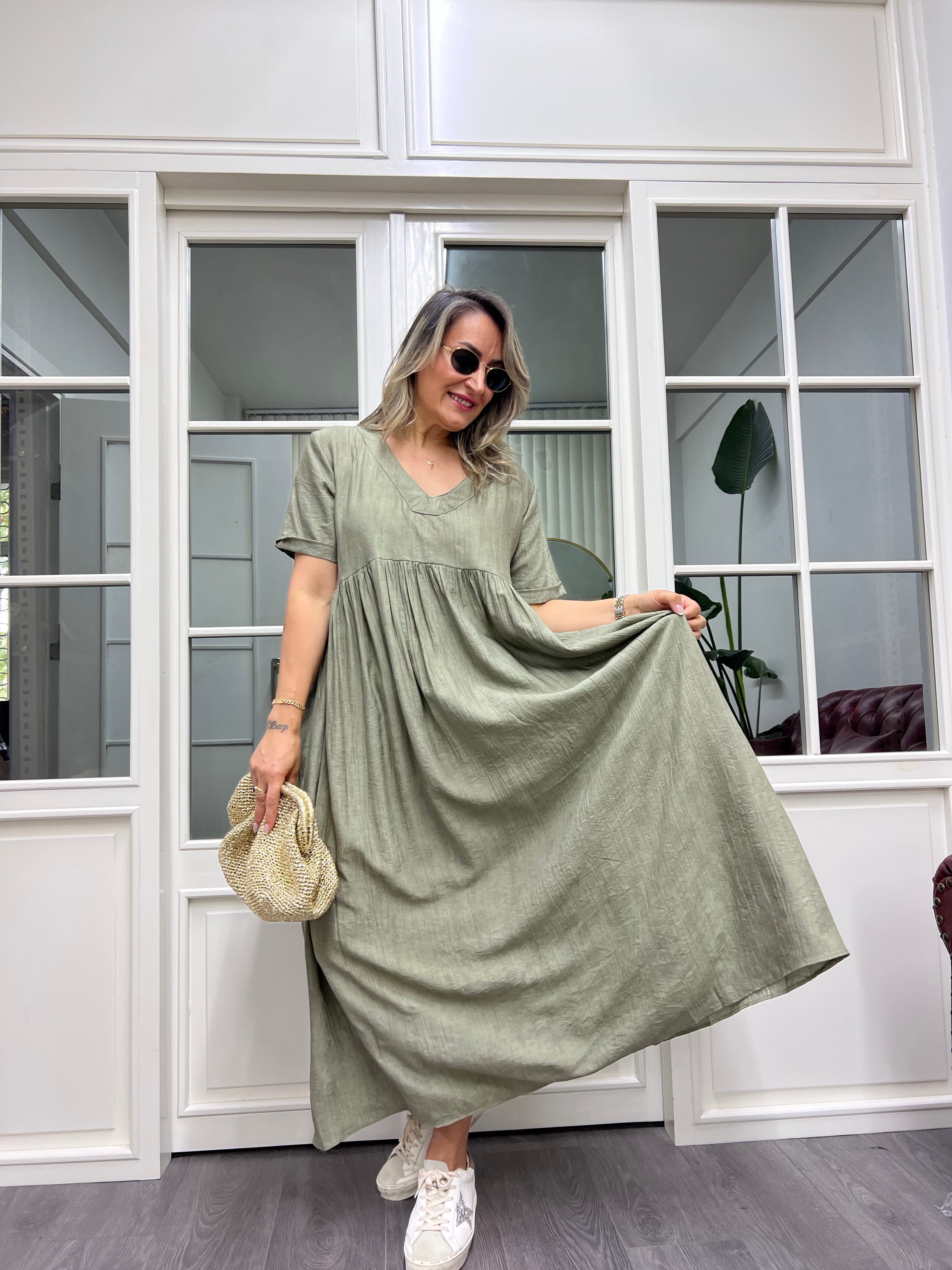 A01994 yeşil crep kumaş owersize elbise