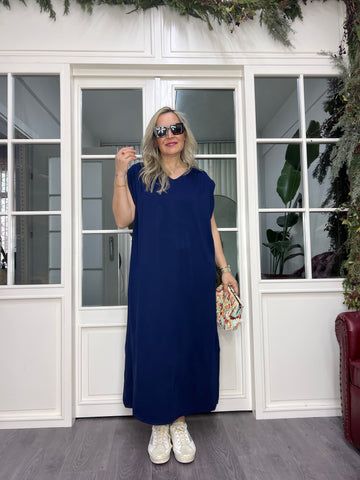 A02451 lacivert omuzu pilili likralı modal kumaş elbise