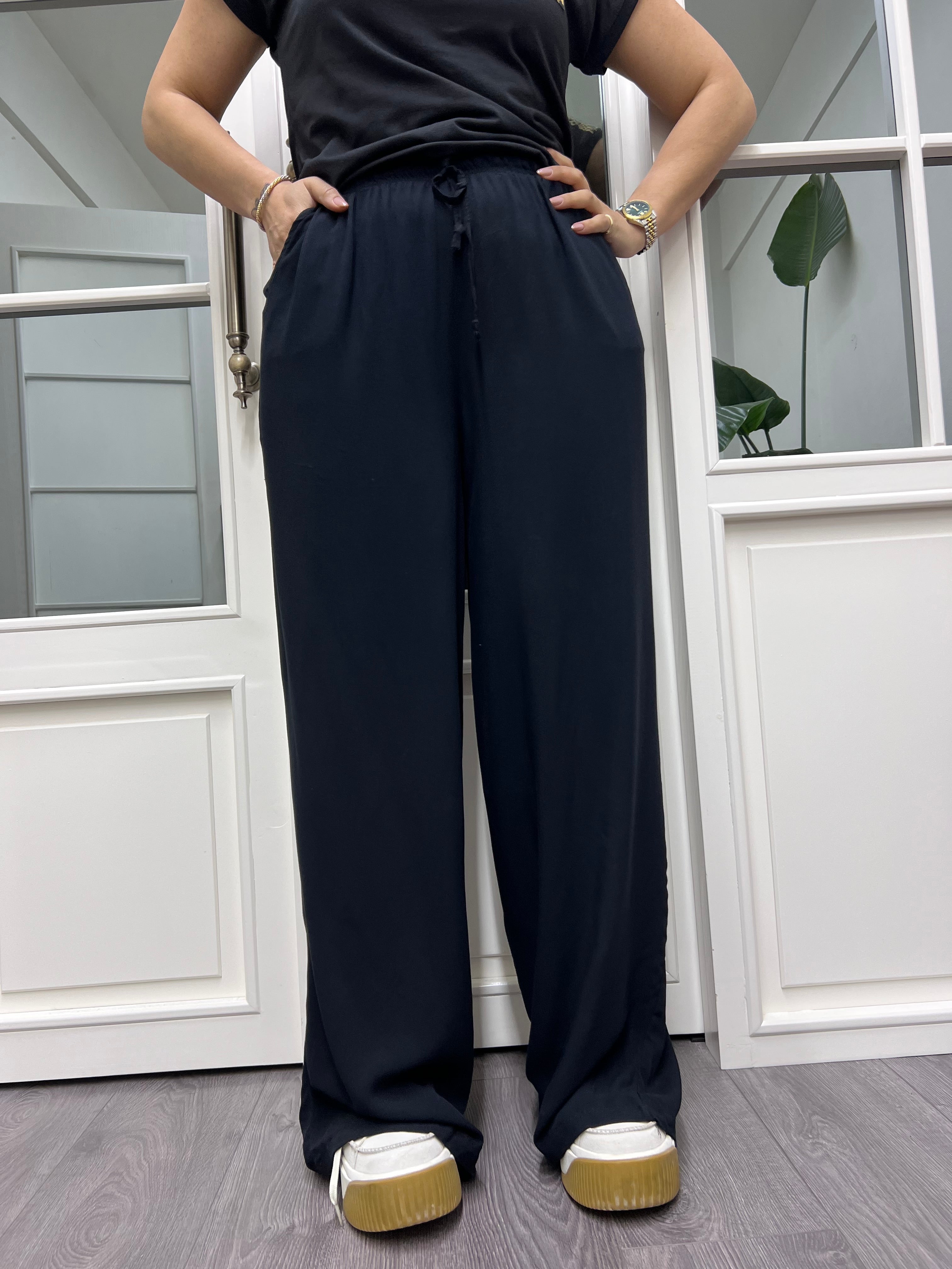 A01808 beli lastikli viskon kumaş pantolon