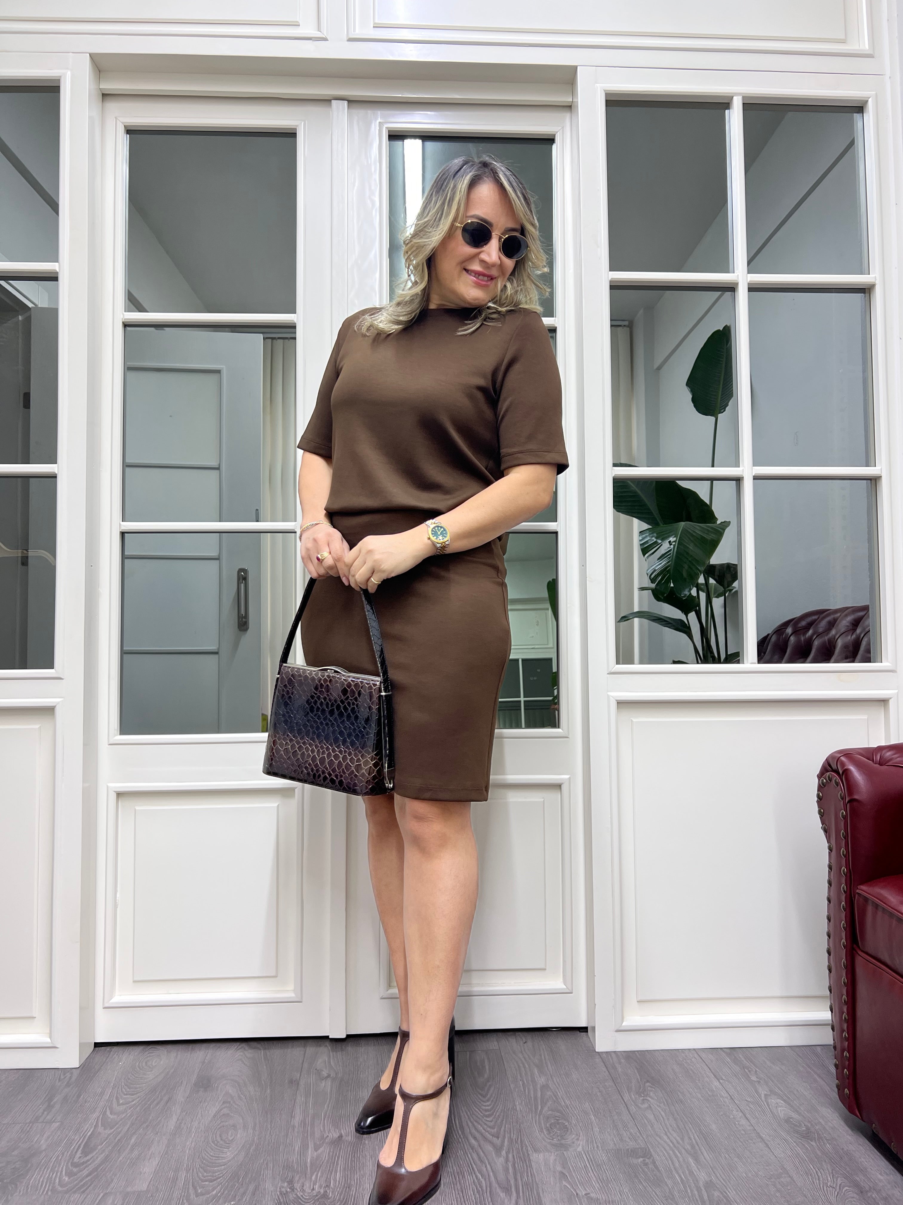 A01822 beli bluzan kahve modal kumaş elbise