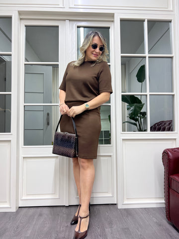 A01822 beli bluzan kahve modal kumaş elbise